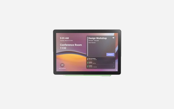Microsoft Teams-certified room scheduling panel displaying meeting availability, used in UAE corporate offices